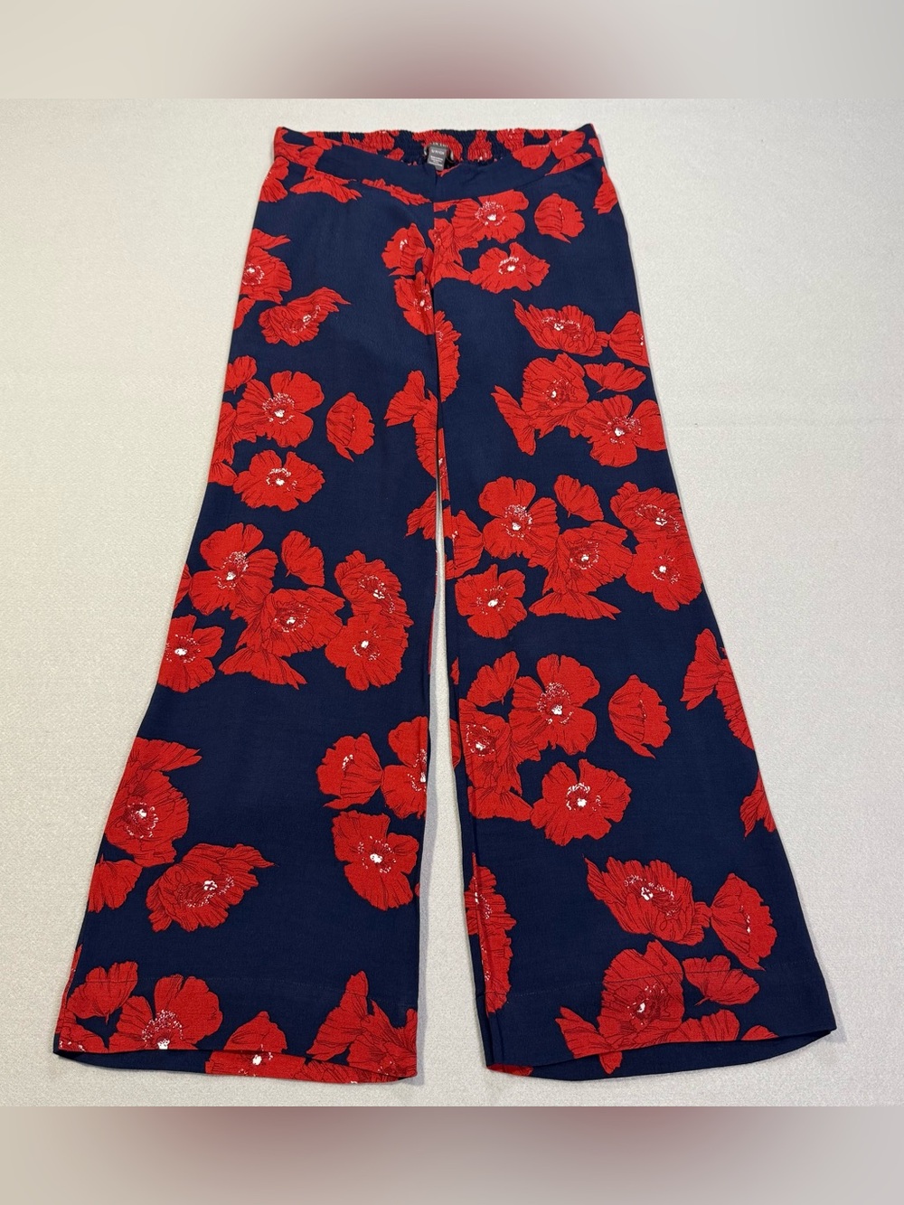 A Pea In The Pod Maternity Floral Wide Leg Pants Size Small Navy Red Pull On
